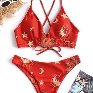 Zaful Celestial Sun and Moon Red Bikini Set sz 6 /medium